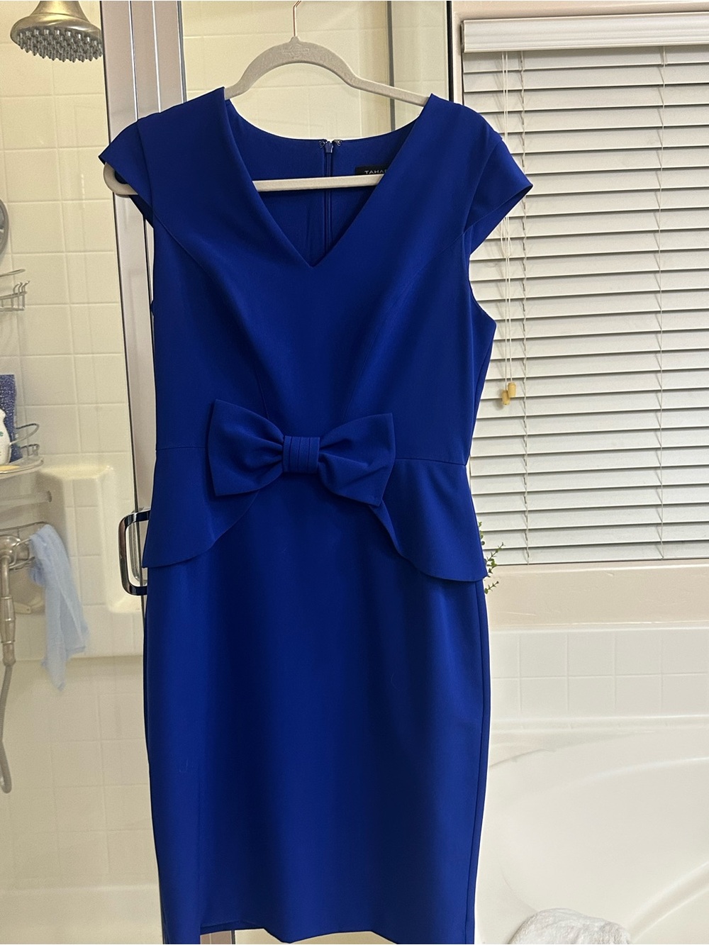 Tahari Cobalt Blue Peplum Sheath Dress with Front Bow